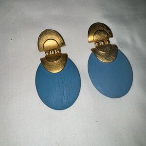Vintage Erwin Pearl PEP blue gold clip earrings 90’s 80’s wood metal
